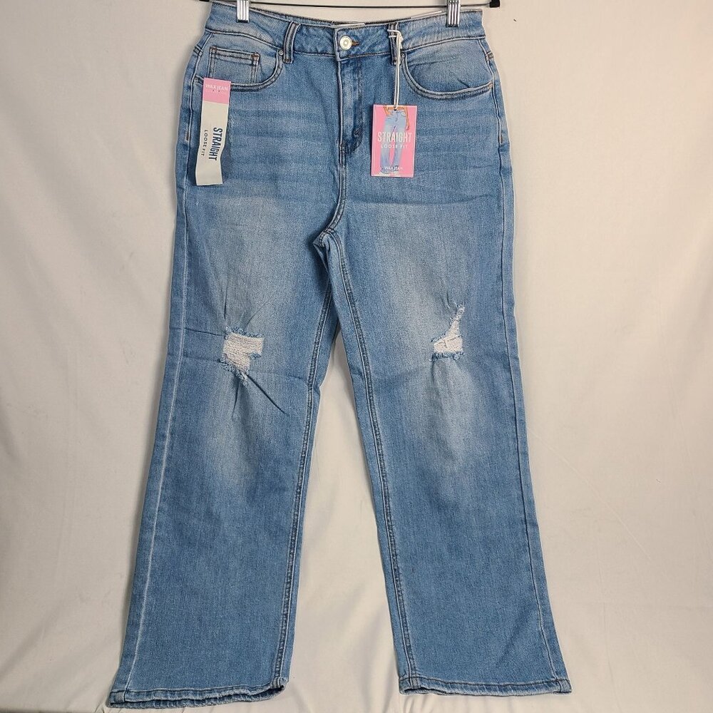 NWT Wax Jean Straight Loose Fit Distressed Denim Jeans Medium Wash Sz 11/30